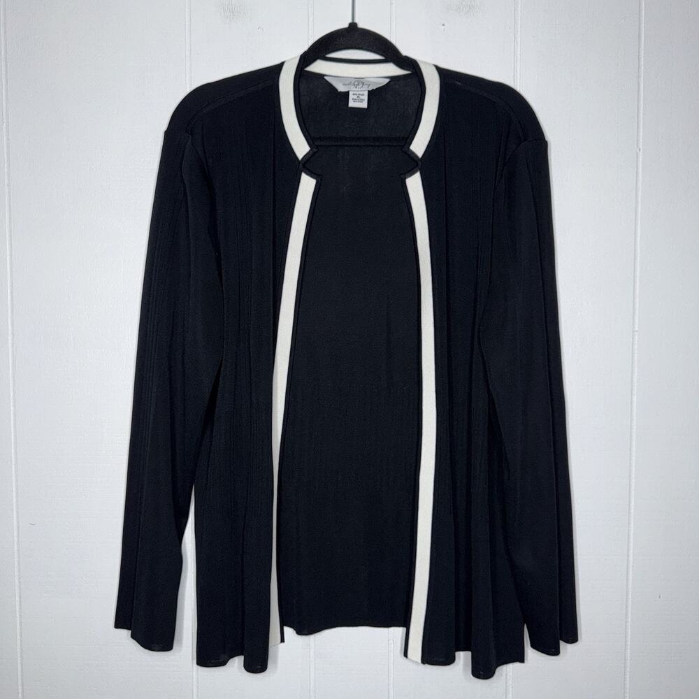 Ming Wang Women’s Knit Cardigan Open Front Sweater Black White Trim Size XL